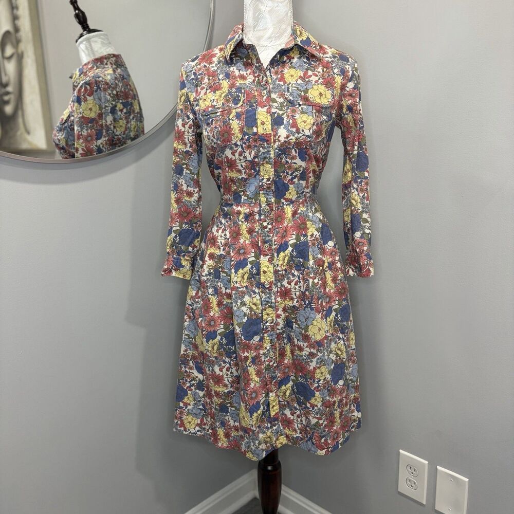 Tommy Hilfiger Floral Shirt Dress Sz 2 Midi Plaid Cuff Button Front Cottagecore